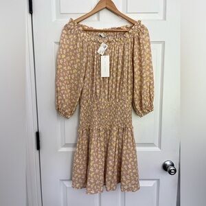 NWT large Lush floral dress. Off the shoulder. Tan & yellow. Billowy sleeves